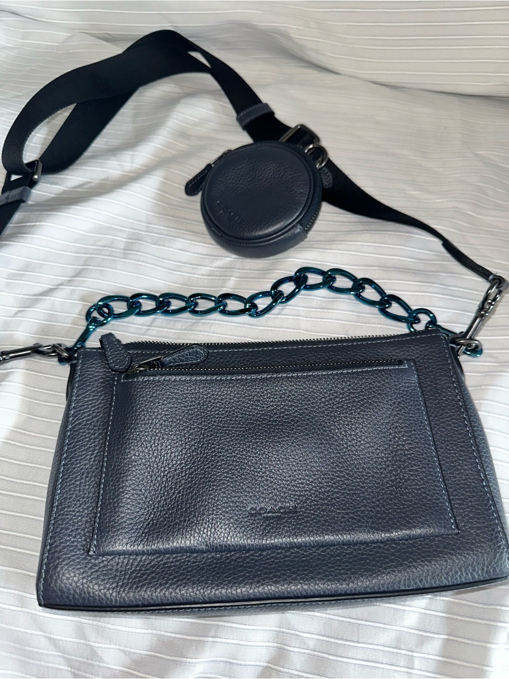 Coach Navy Leather Crossbody with Black Web Strap